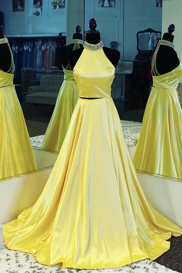 Yellow satin long prom dress two pieces evening dress HZ1023